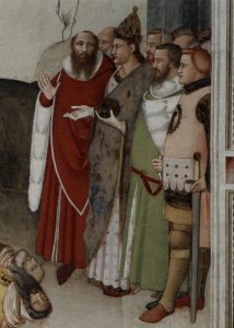 FOTO 3 - Maso di Bianco San Silvestro resuscita i maghi del 1340 circa: si notino le fodere di vaio dei due personaggi vestiti di rosso e verde. Foto tratta da